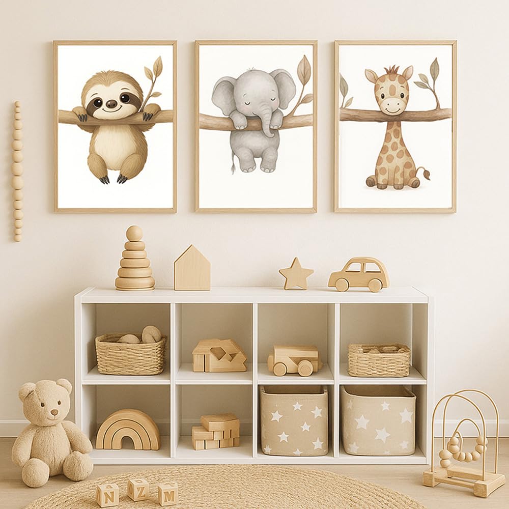 3 Laminas Animales Infantiles 30X40CM Cuadros Para Cuarto de Bebe Safari Poster Niños Habitacion Lienzo Animales Bebé Laminas Decorativas Pared Bebe Niña Cuadros Infantiles Beige sin Marco