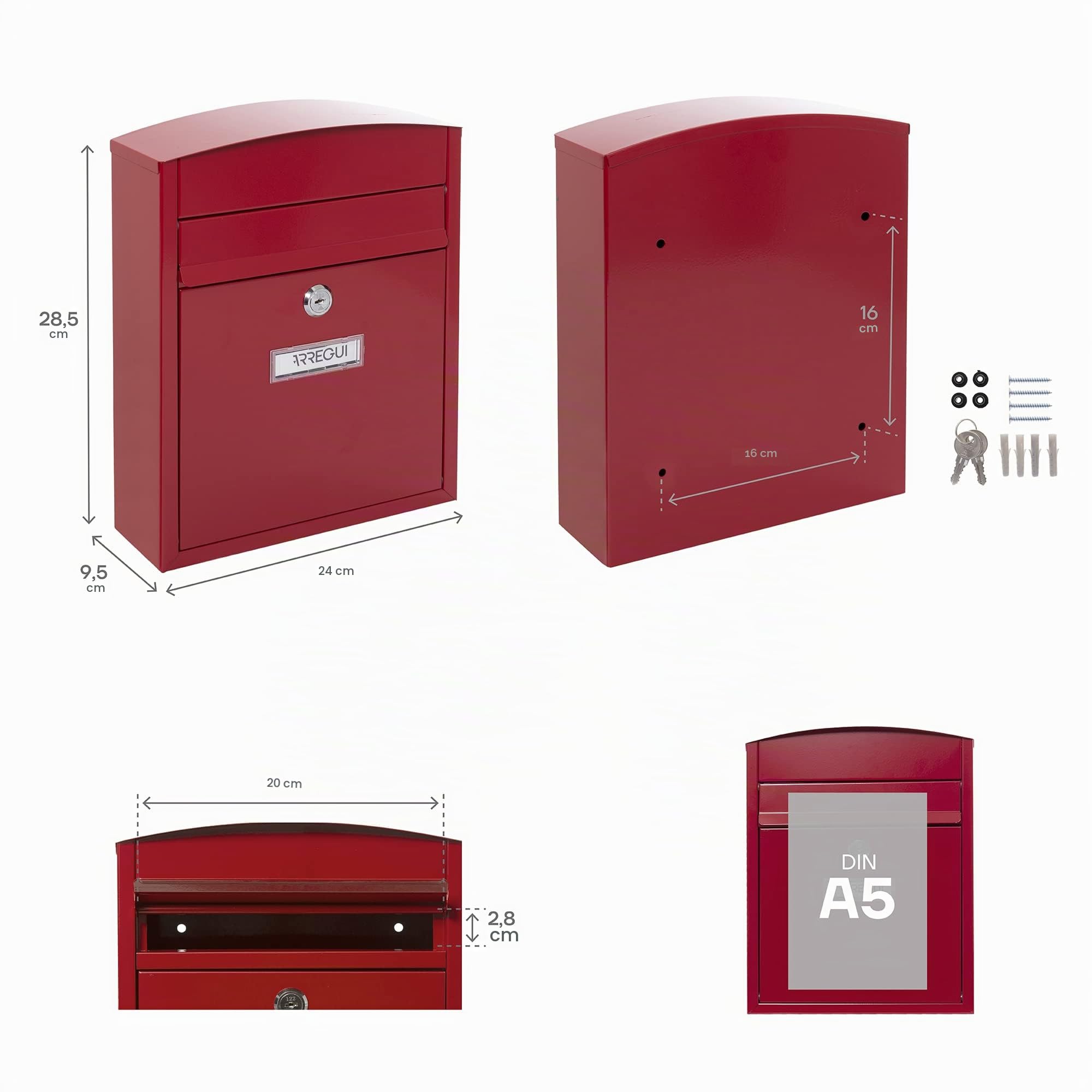 ARREGUI Compact E5736 Briefkasten aus Verzinktem Stahl, Größe S (DIN A5 Post), Wandbriefkasten für den Außenbereich, Wasserfest, Postkasten mit Namensschild, 2 Schlüssel, Einfache Montage, Rot