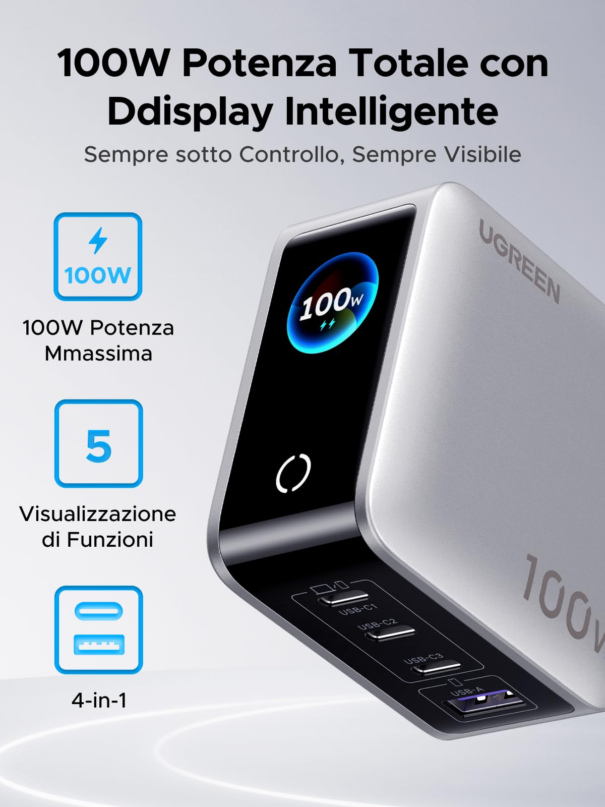UGREEN Nexode Pro 100W Caricatore USB C Ricarica Rapido Schermo TFT | 4 Porte, PD 3.0, PPS 45W, Compatibile con Galaxy S26/ S25 Ultra MacBook iPad, iPhone 17 Pro Max Air 16 15 14 13 Steam Deck