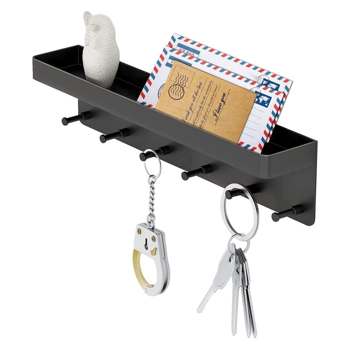 HOUSLETHOUSLET Key Holder for Wall,Mail Organizer with 6 Hooks for Entryway and Kitchen,Key Rack Organizer with Tray,Key Hook and Mail Holder Wall Mount,Stainless Steel (Black)