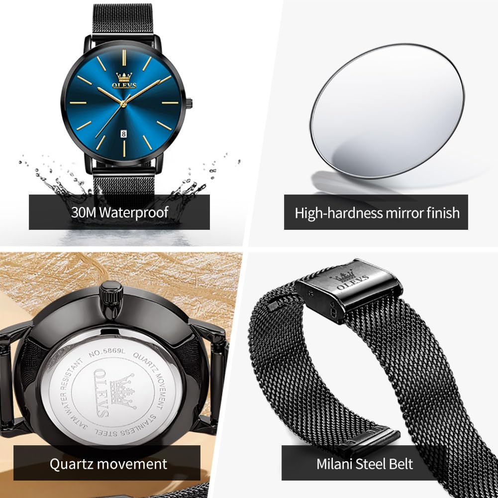 OLEVS Minimalistische Herren-Armbanduhr, ultradünn, modisch, lässig, analog, Quarz, Datum, wasserdicht, schmal, einfach, großes Zifferblatt, Armbanduhr mit Retro-Lederband für Herren