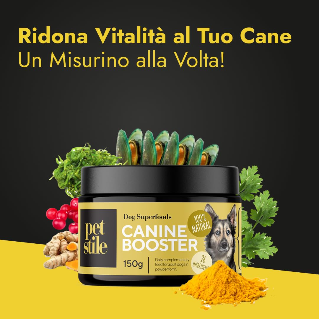 Canine Booster – Integratore per Cani Adulti con Cozza Verde, Curcuma e Probiotici per Articolazioni, Digestione, Pelle, Pelo e Sistema Immunitario (1x 150 g)