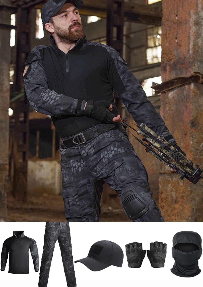 Traje táctico militar negro para airsoft hombre - Pantalones y camisa de combate con pasamontañas y guantes