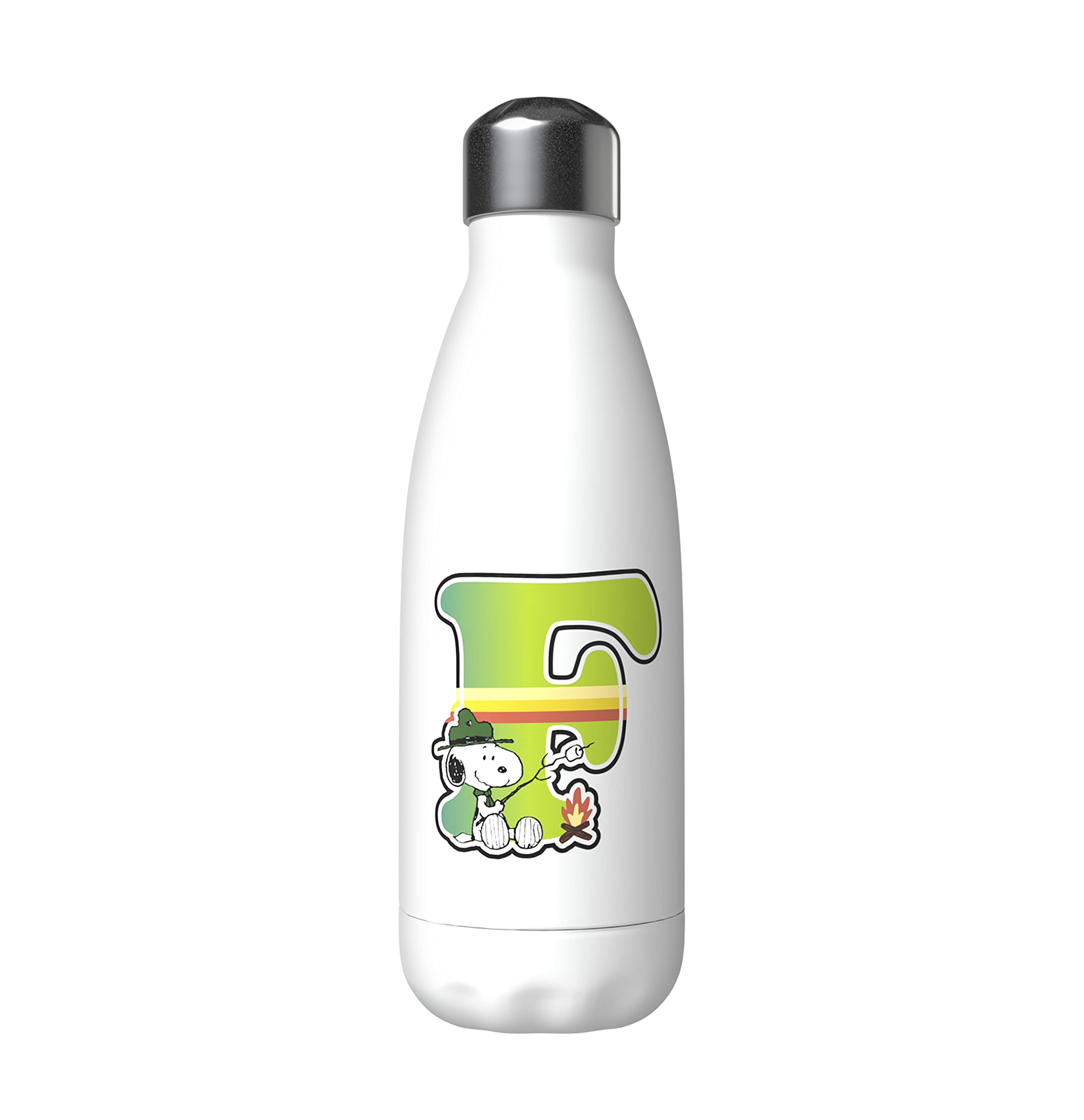 Snoopy – Stainless Steel Water Bottle, Airtight Closure, with Multi-Coloured Letter F Design, 550 ml, White, Official Product (CyP Brands)