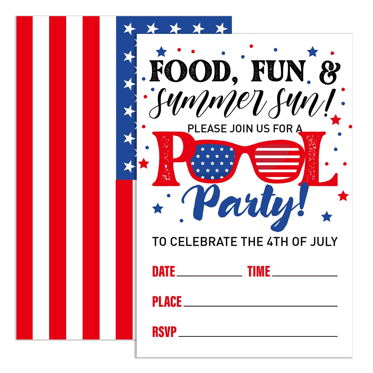 UDNADKEX 4th of July Invitations Pool Party with Envelopes, Summer Party Patriotic Invites, Independence day Invite Cards, Food Fun & Summer Fun, 4"x6