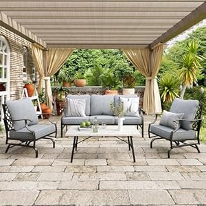 Patio Furniture Set 4 pcs, Outdoor Patio Furniture, 3-Seat Sofa, 2 Rocking Chairs, Metal Coffee Table and 5.75″ Extra Thick Cushion, Patio Conversation Set for Garden Backyard Deck,Grey