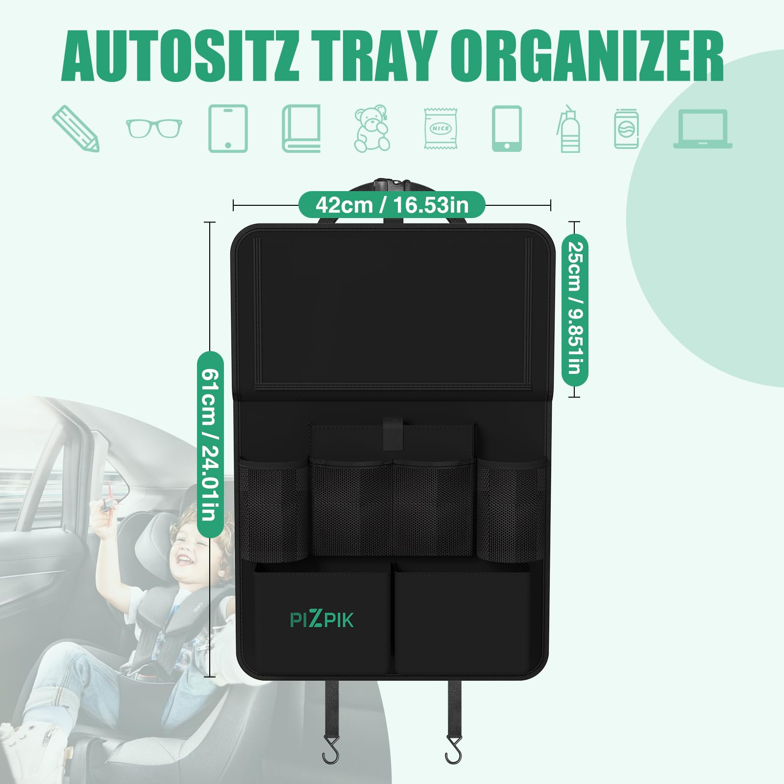 Plzpik Auto Organizer, 2 Große Rückenlehnenschutz, Autositz Organizer Kinder mit Klapptisch, 12 Taschen, Wasserdichter Rücksitzschutz, Auto Reisezubehör (Schwarz, 2 Stück)