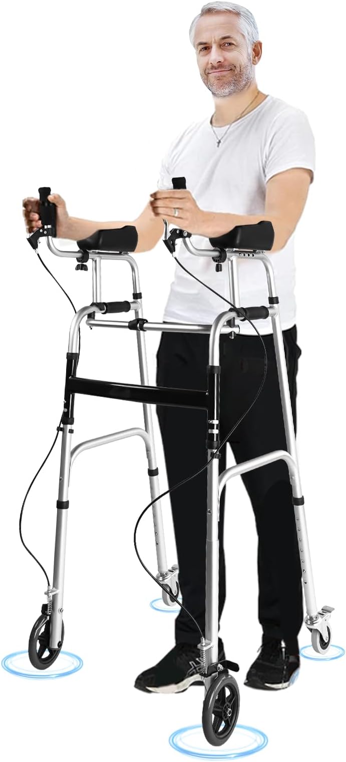 Lightweight Folding Walker for Seniors, Height Adjustable Upright Rolling Walker, Foldable Walkers with Wheel, Mobility & Daily Living Aids Accessories for Elderly Handicap Disabled