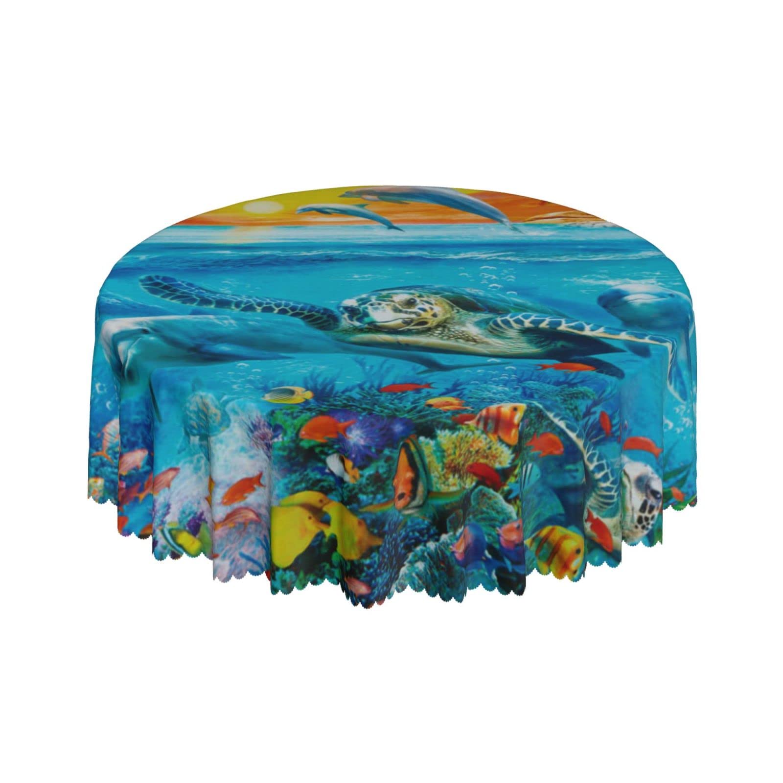 Lsjuee Ocean Animals Dolphins Turtles Round Tablecloth 60 Inch Printed Washable Tablecloth for Dining Party Holiday Fall Home Decorative