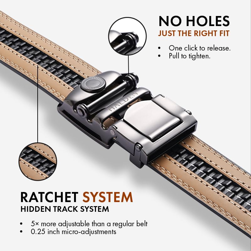 Image of HALDEN BURLEY Men's Brown Ratchet Belt | Auto-Lock Leather Formal Belt with Magnetic Buckle | Adjustable Free Size Fits Up to 44 Inch Waist