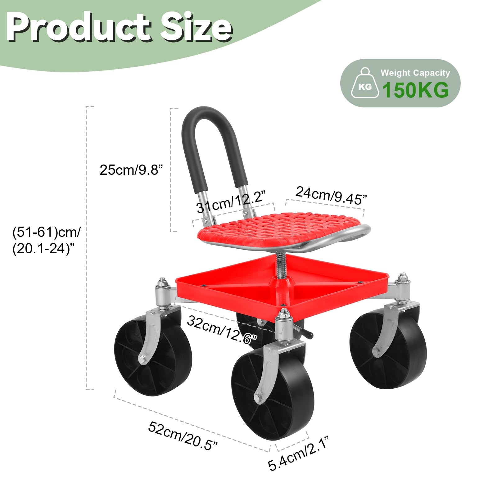 Sgabello da giardino con ruote, regolabile in altezza 51-61 cm, girevole a 360°, portata 150 kg, con ripiano per attrezzi, ideale per anziani, giardinieri e problemi di schiena
