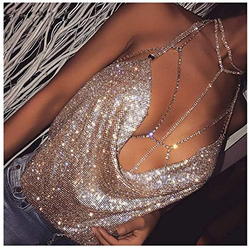 RiymusrySexy Rhinestone Body Chain with Multilayered Long Choker Necklaces Rhinestone Jewelry Necklace Chains Crystal Body Chain for Women Girl Party Body Jewelry (Silver, Type 1)