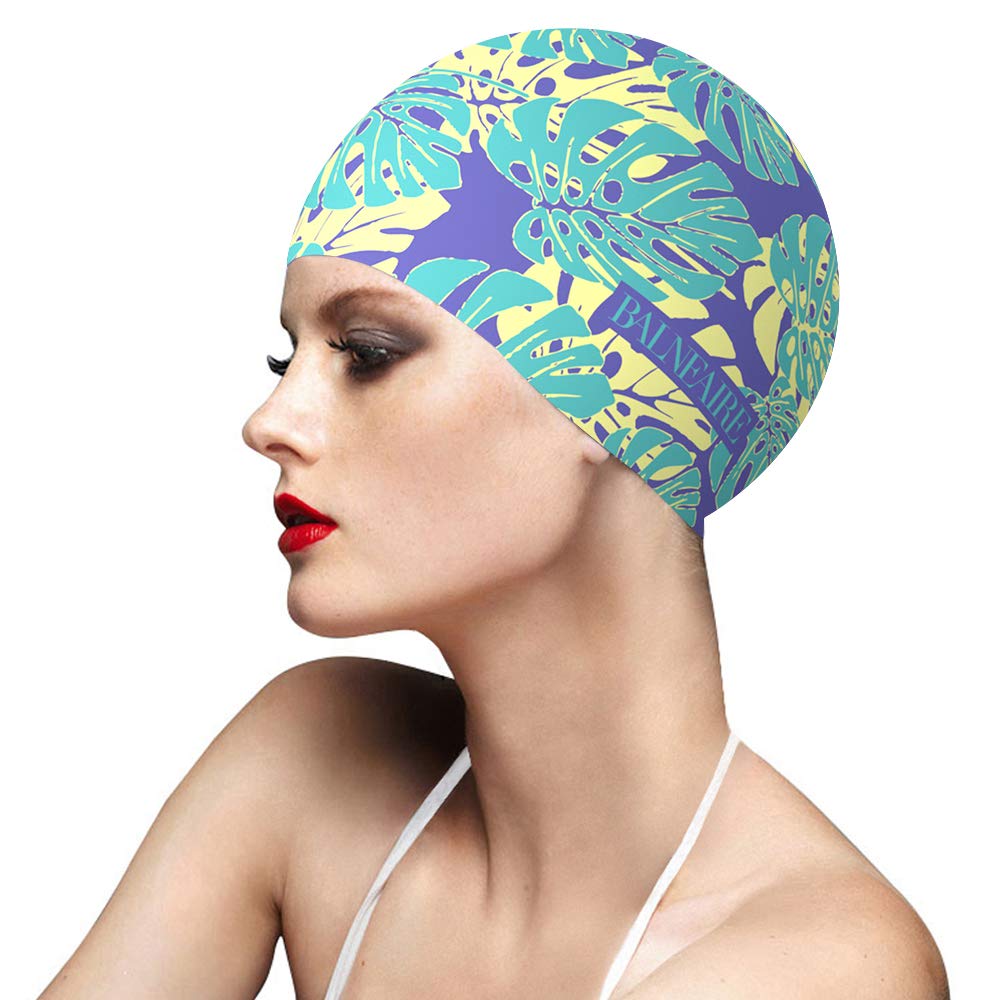 Silicone Swim Cap for Women, Waterproof Long Hair Swimming Caps Leaf Printed