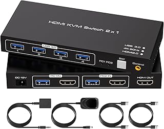 USB 3.0 HDMI KVM Switch 2 PC 1 Monitor Support 4K@60Hz KVM Switches for 2 Computers Share Single Monitor and 4 USB Devices Such as Keyboard Mouse Printer. 12V/1A DC Adapter and Wired Controller Includ