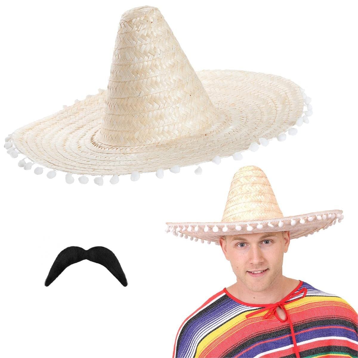 I LOVE FANCY DRESS Mexican Sombreros Accessory Set - Pack of 24 - Natural Colour Sombrero with White Pom Poms and Mexican Moustache - Accessories for Mexican Parties Fiesta Party Unisex