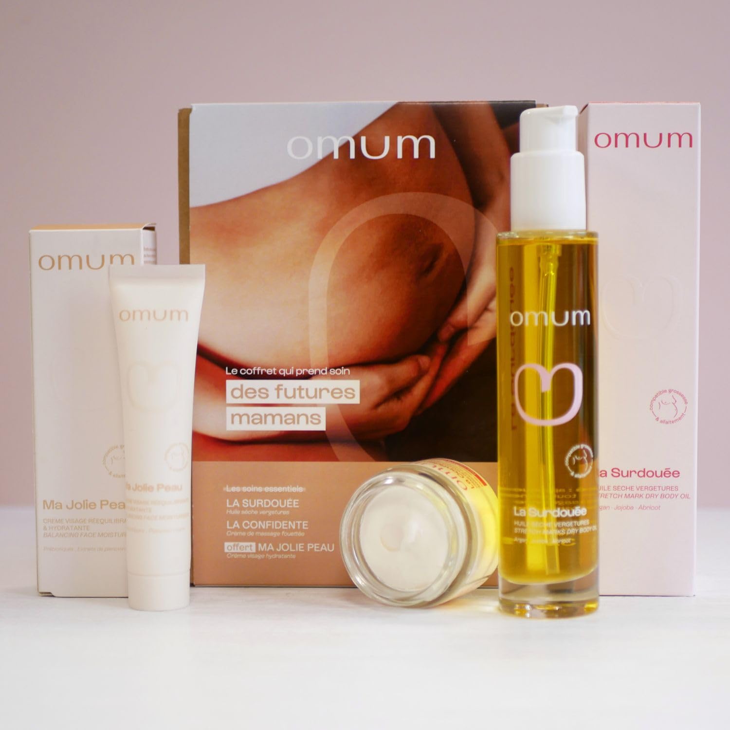 OMUM - Coffret Future Maman - 1 huile sèche La Surdouée + 1 crème de massage La Confidente + 1 crème rééquilibrante Ma Jolie Peau - Bio & Vegan - Elasticité et hydratation de la peau