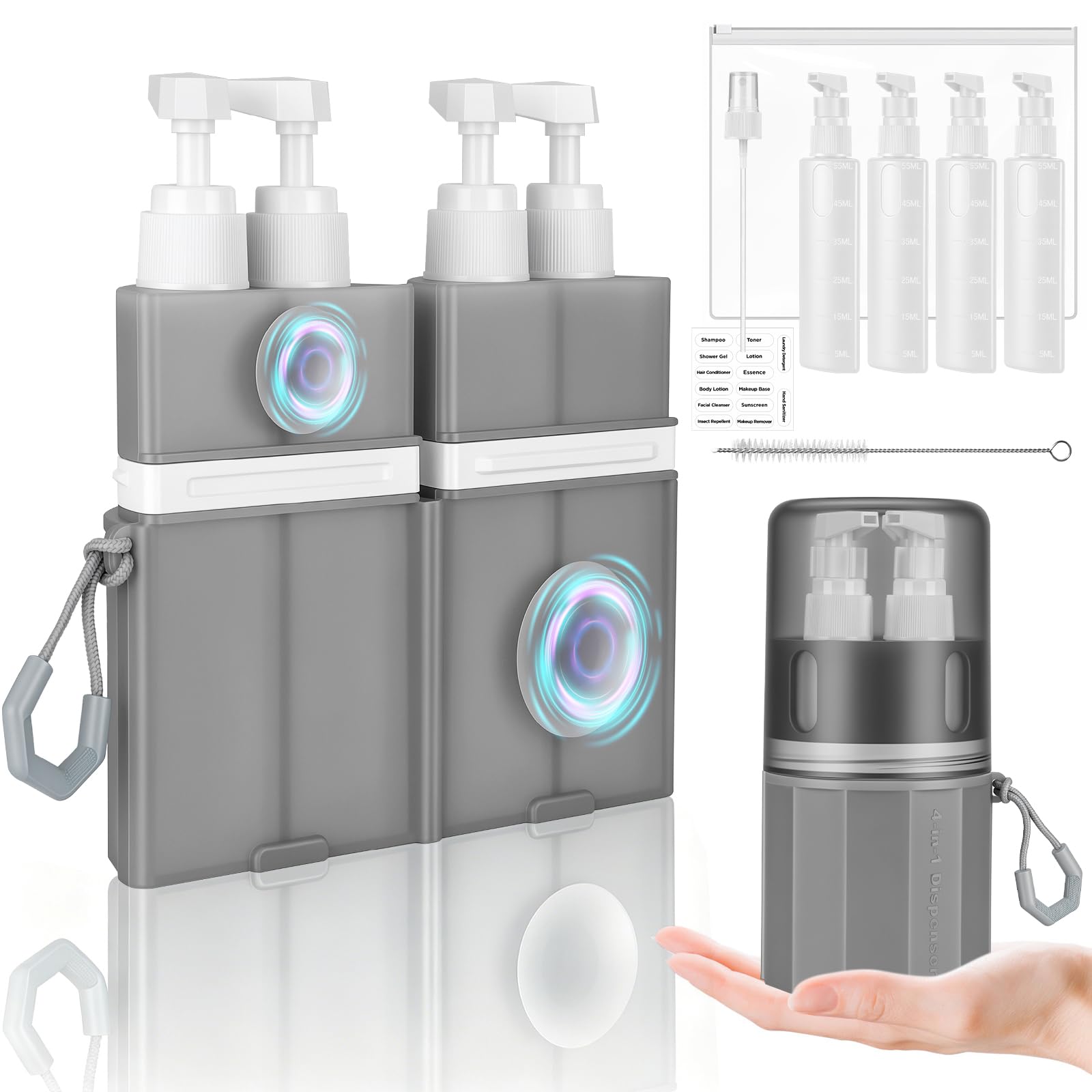 SelfTek Flacon Distributeur de Voyage 4 en 1 - Kit Voyage Produit Toilette Rechargeables, Conteneurs de Voyage Portables pour Articles de Toilette, Portable pour Les Vols (Gris)