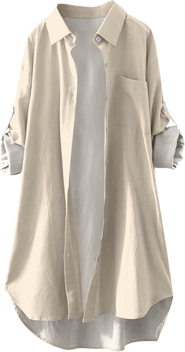 2025 Cotton Linen Shirts Womens Plus Size V Neck Button Down Long Sleeve Tops Casual Fall Fashion Oversized Blouse
