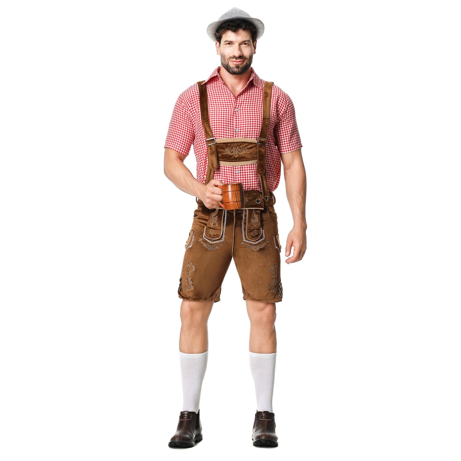 Oktoberfest Herren Outfit Herren Deutsch Bayern Oktoberfest Kostüm Set mit Abnehmbarem Lätzchenträger Kariertes Trachtenhemd, Lederhose mit Trägern und Bayerischen Filzhüte Trachten Set