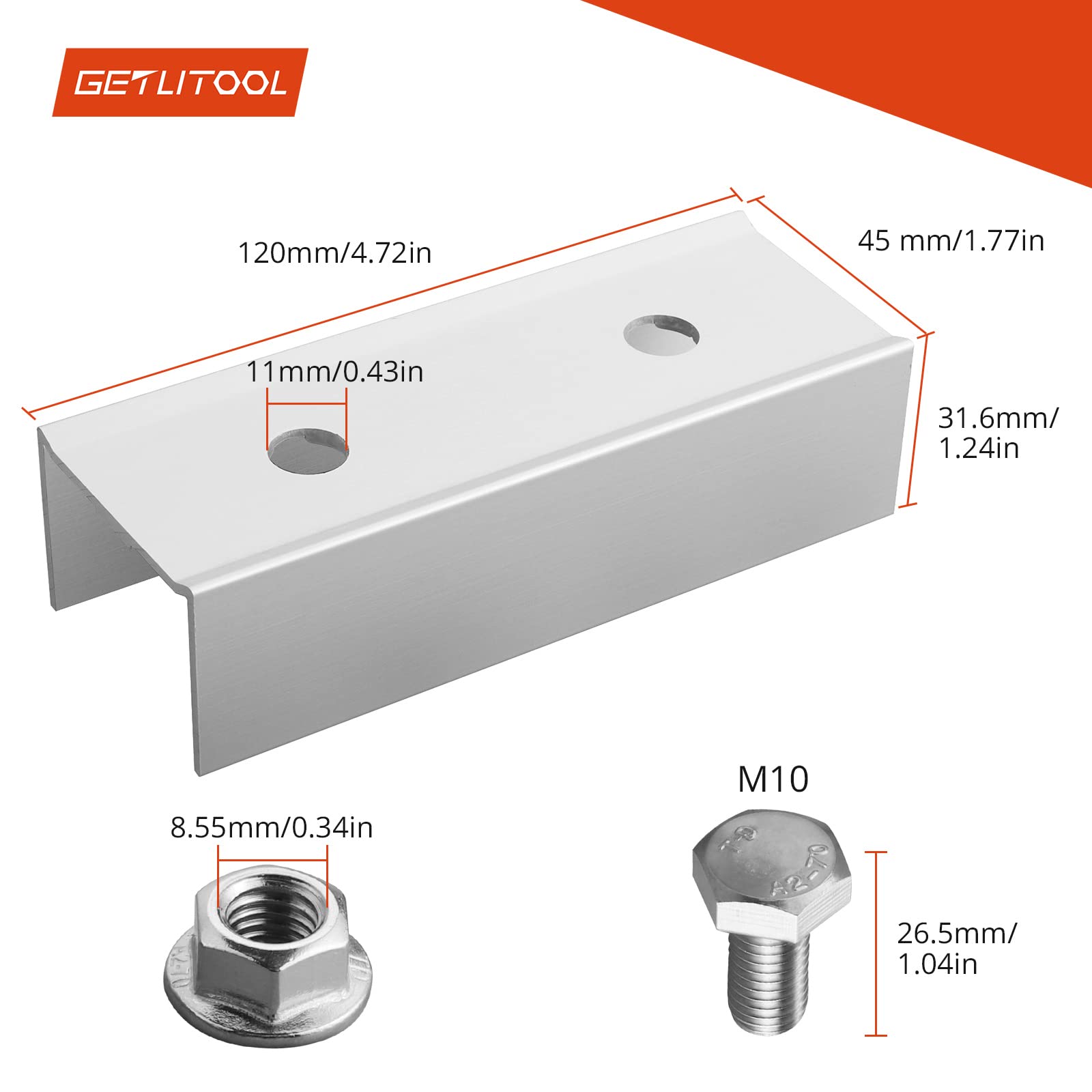 GETLITOOL C Profilverbinder für PV Schienen 40x40mm, 10x Photovoltaik Montage Set C-Verbinder, Schienenverbinder aus Alu 45x32x120mm für PV Solaranlage(10Pcs&silber)