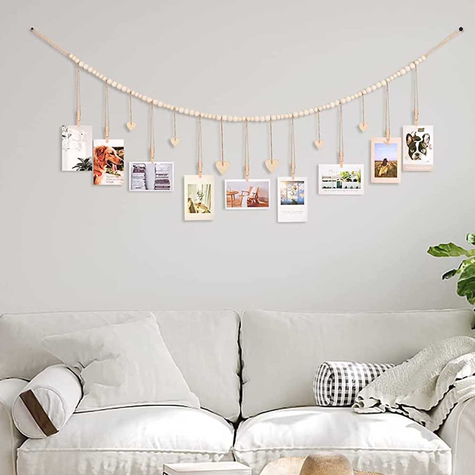 KLOGTSIND Espositore per foto da appendere con clip, 9 clip in legno, cornici in stile bohémien, decorazione da parete, per ufficio, cubicolo