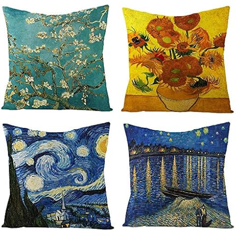 IcosaMro Throw Pillow Covers Set of 4 Van Gogh Art 18x18 Decorative Pillow Cases Square Zippered Cotton Linen Cushion Cover Room Sofa Decor Cover
