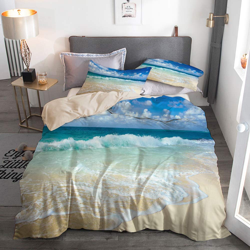 Beige Parure de lit，Plage avec Vagues mousseuses sur Le thème des Vacances au Bord de mer Vide Côte sereine,1 Housse de Couette 240x260cm+2 Taies d'Oreillers 63x63CM