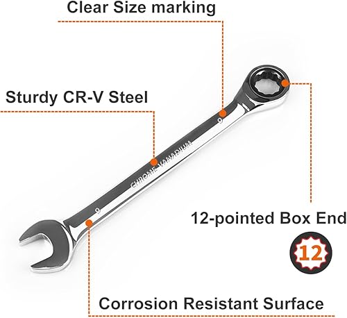 Miniatura 43 de Egofine Llave combinada de trinquete de 7/16 pulgadas SAE, llave de engranajes de grado industrial con diseño de 12 puntos, trinquete de 72 dientes