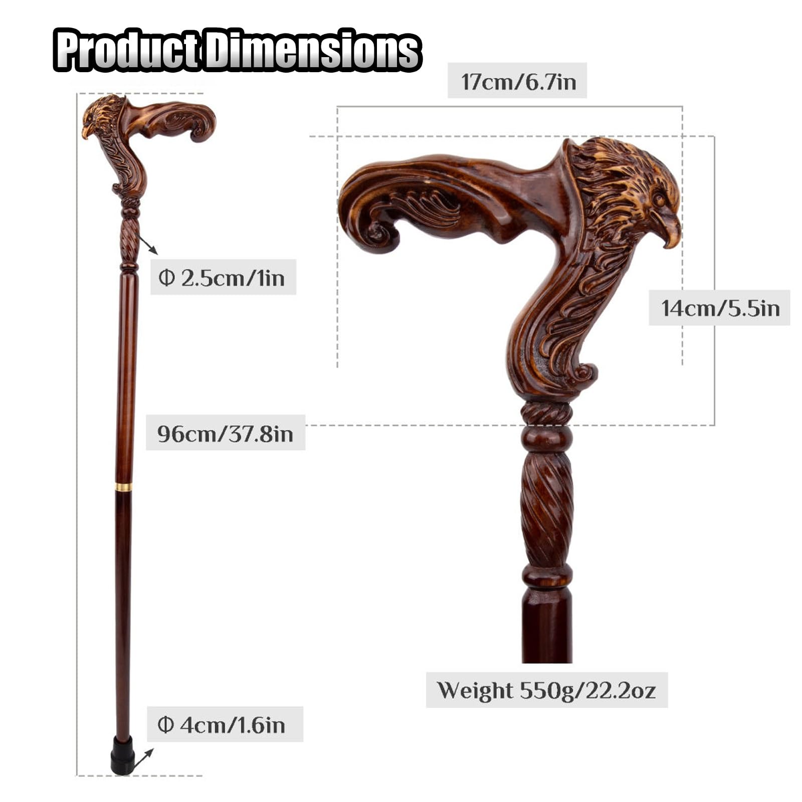 Bastoni da Passeggio in Legno a Forma di Aquila, con Impugnatura ergonomica e Punta in Gomma Antiscivolo, lussuosi, Decorativi, per Uomo e Donna, 96 cm.