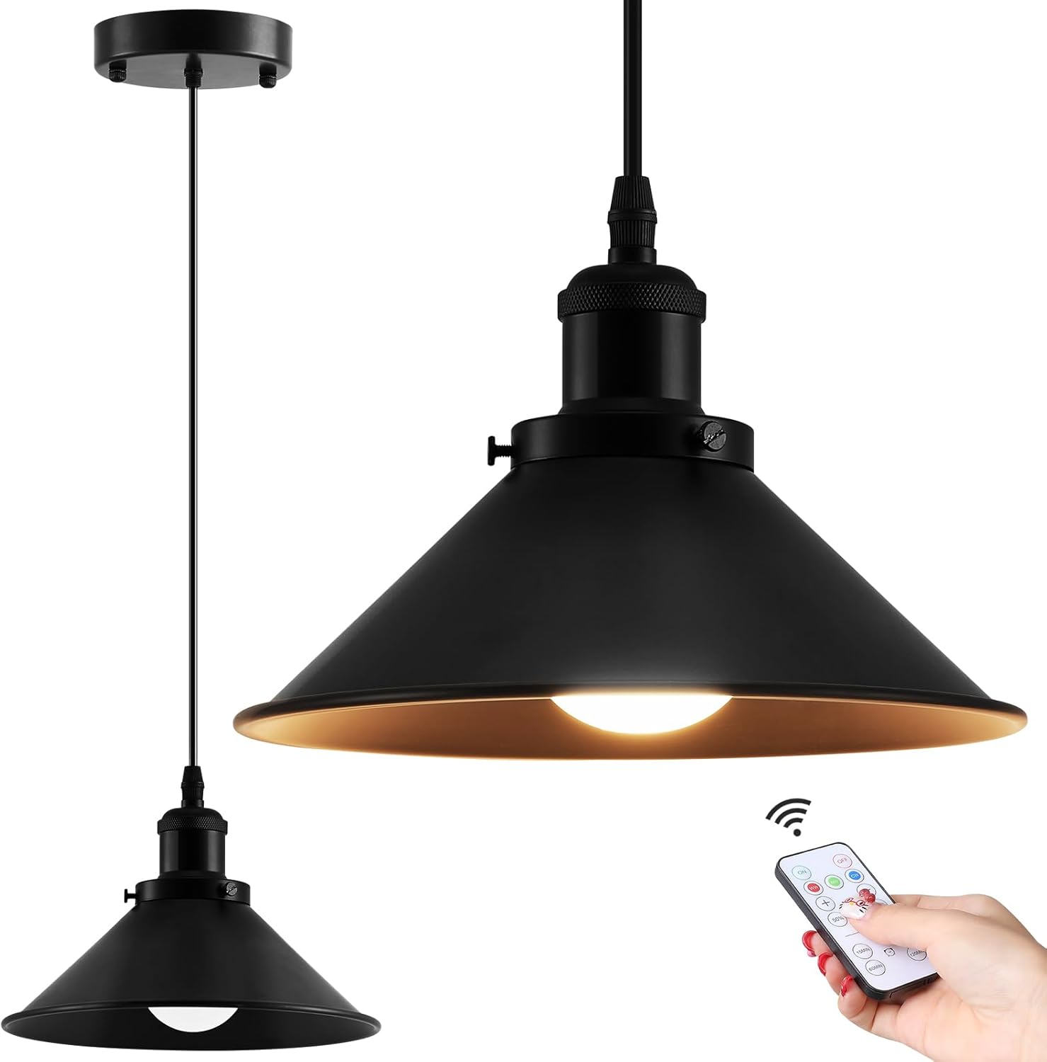 2 Pack Black Battery Operated Pendant Lights, Rechargeable No Wiring Chandelier with Remote，Wireless Battery Powered Hanging Lamp Fixture for Ceiling Kitchen Island Dining Room Hallway Bedroom