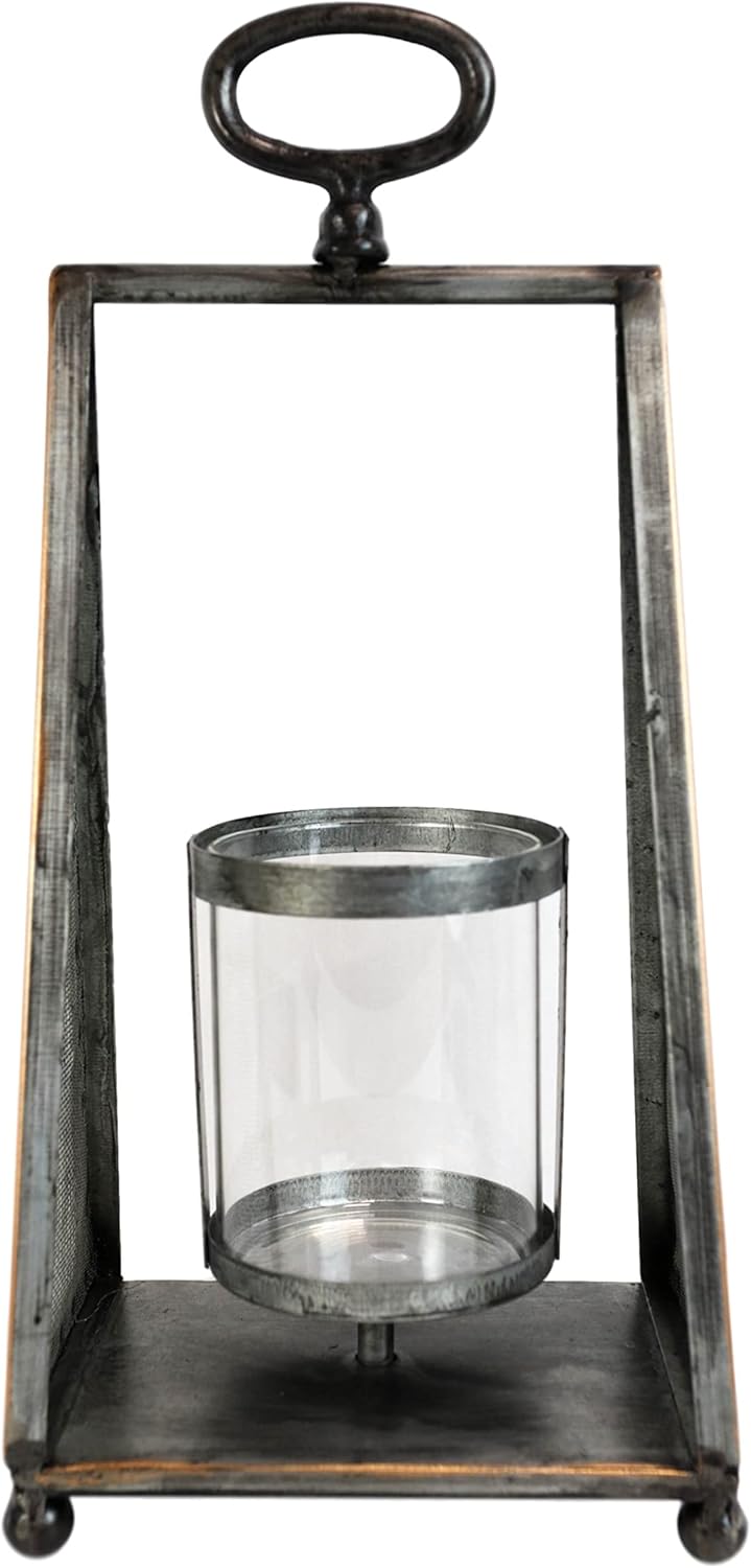 Ebros Gift Rustic Western Farmhouse Galvanized Metal Decorative Single Pillar Candleholder Trapezium Pyramid Lantern Candle Holder Warm Country Accent