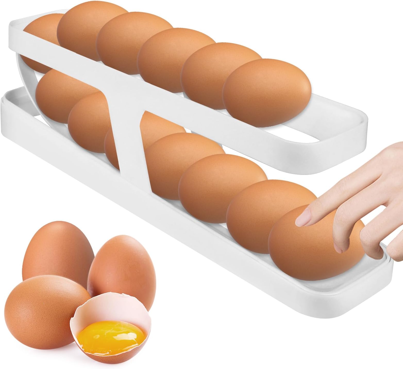 Egg Holder Refrigerator, Automatic Rolling Egg Dispenser, Egg Tray for Kitchen, Rolldown Egg Organiser, Space Saving Egg Box for Refrigerator, White