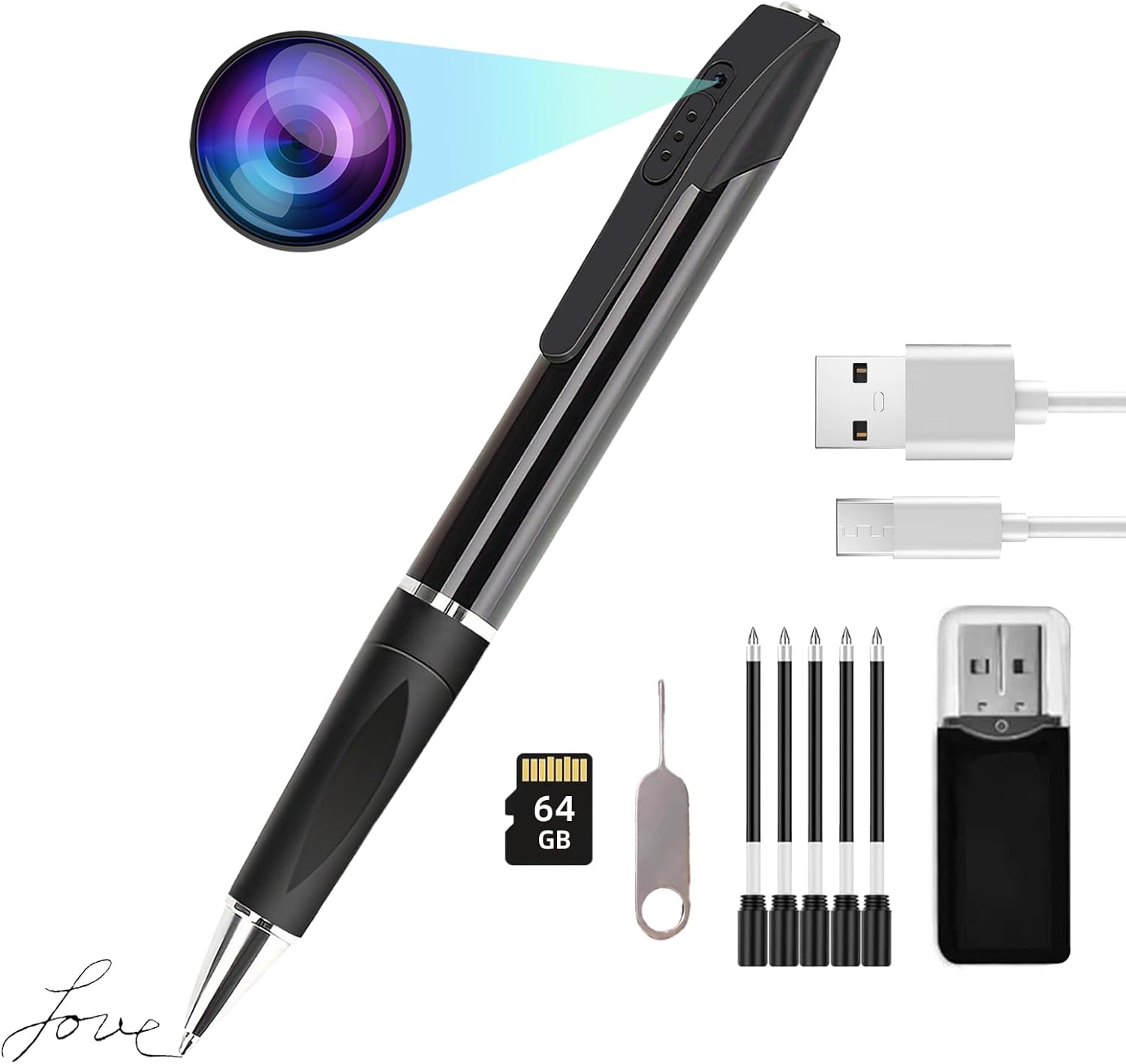 Mini spy Camera Pen Hidden HD1080p 64GB Memory Micro Body Cameras no WiFi Needed Tiny Hidden Cam with Video Recording Nanny for Home Security Outdoor Indoor