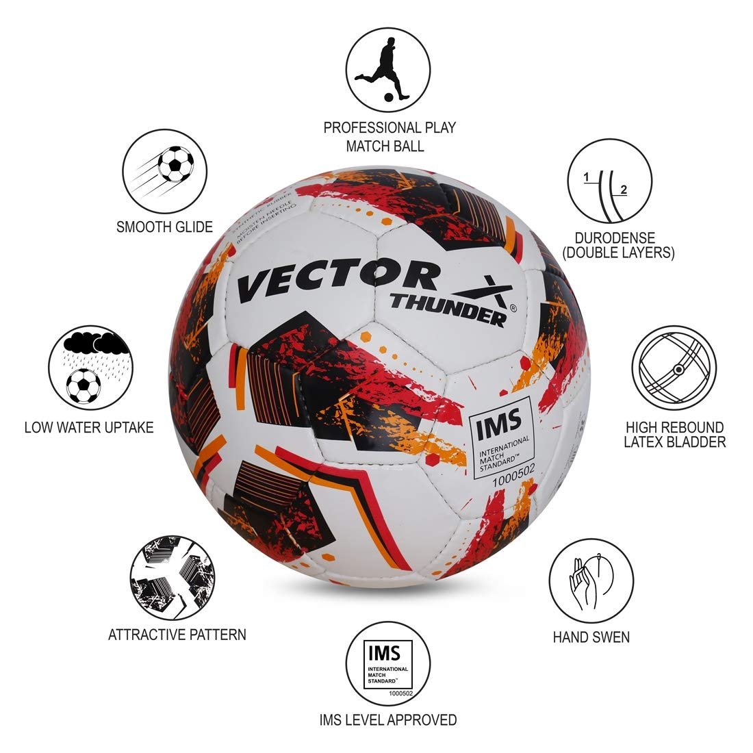 Vector X THUNDER - Pallone da calcio in gomma con punta a mano IMS (International Match Standard), misura 5 (bianco-arancione-nero)