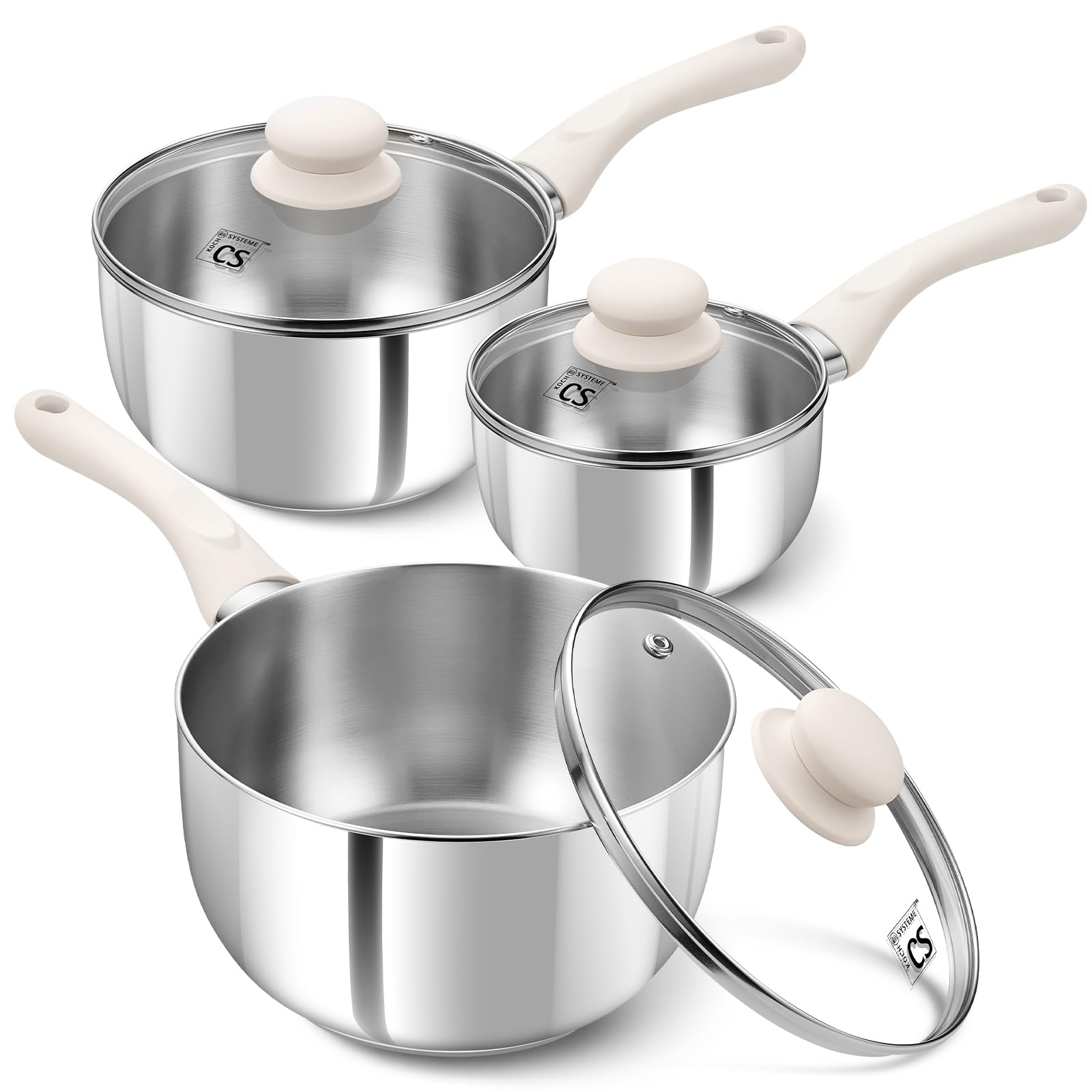 KOCH SYSTEME CS Stainless Steel Saucepan Set, 1QT & 2QT & 3QT Sauce Pan Set 6 Piece with Stay-cool Bakelite Handle, Stainless Steel Pot Set with Lid, Sauce Pans with Lid Induction Ready