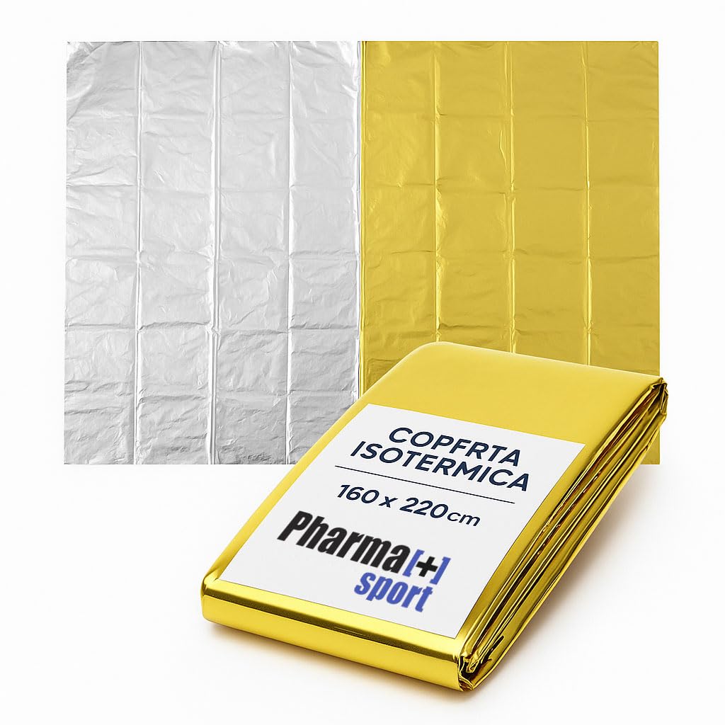 PHARMA+SPORT Coperta Termica Emergenza 160x220 cm Telo Isotermico Oro/Argento per Sopravvivenza, Primo Soccorso e Outdoor –Trattiene Calore e Protegge da Sole e Freddo (160x220 Cm, 4, Unità)