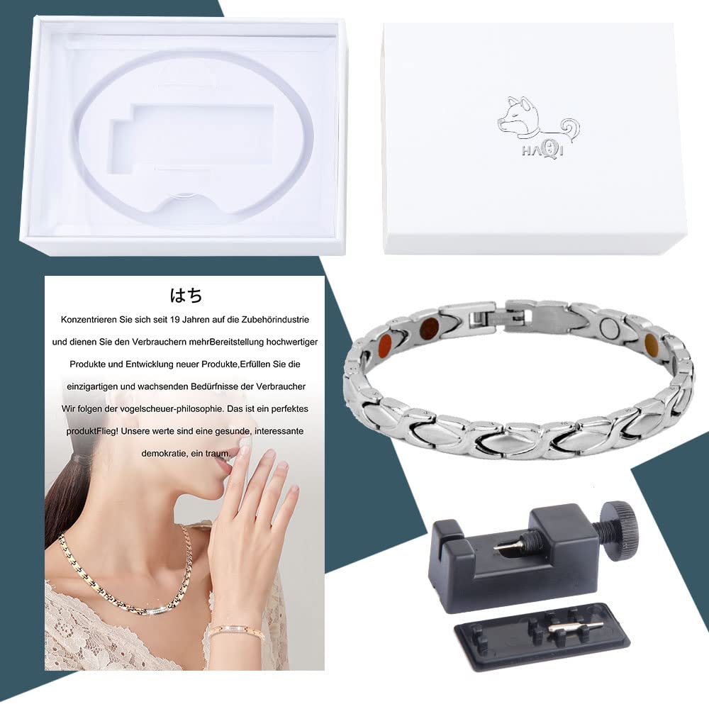 HAQI Bracelet magnétique en titane pour homme et femme - Interconnexion en forme de X - 5 éléments - Bracelet magnétique puissant en germanium avec outil de retrait et boîte cadeau (19,8 cm, argenté),
