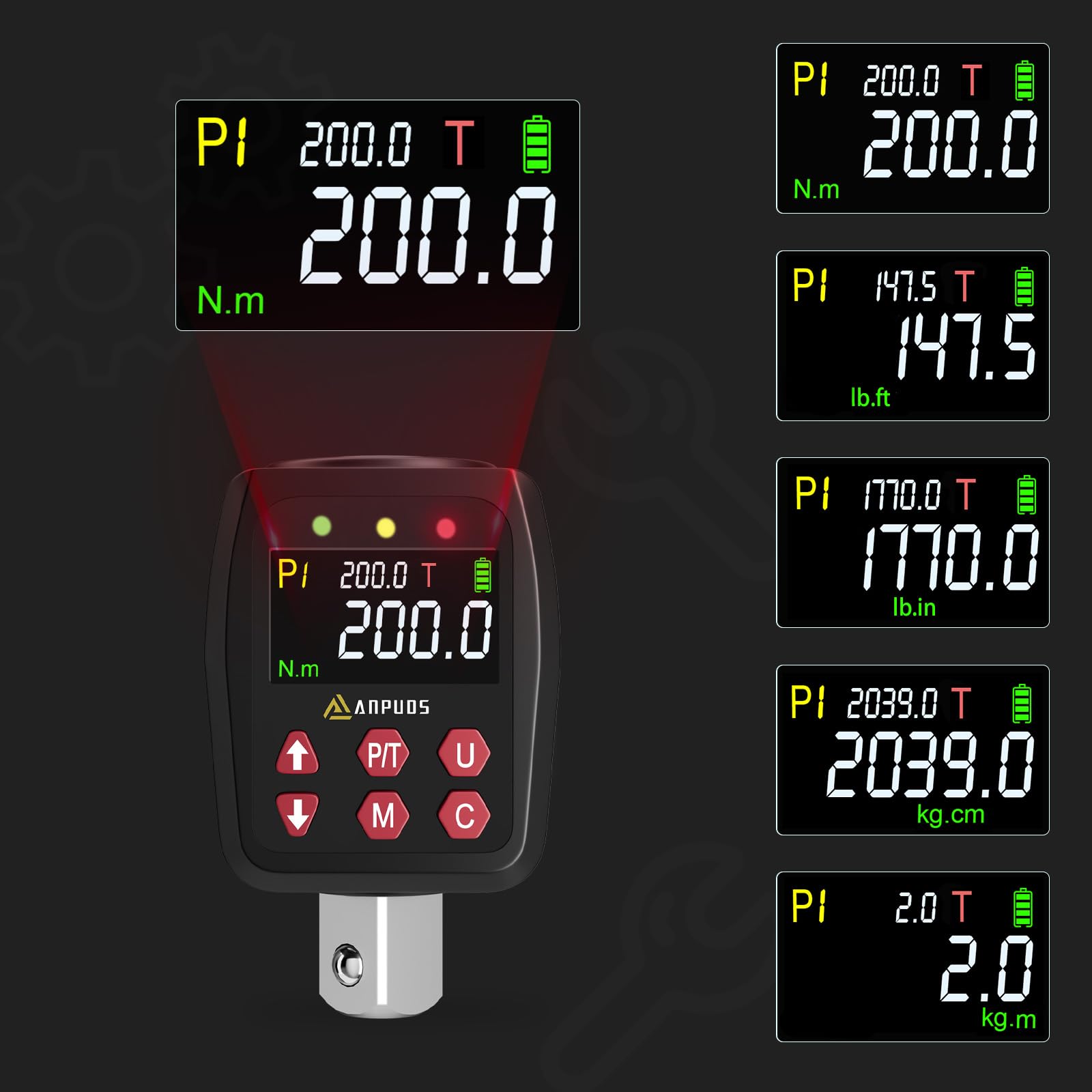 ANPUDS Llave Dinamométrica Digital, 1/2" Adaptador de par Digital 10-200Nm, Alta Precisión ±1%, Memoria Preestablecida, Zumbador e Indicador LED con Adaptador de 1/4" y 3/8" para Coche, Moto
