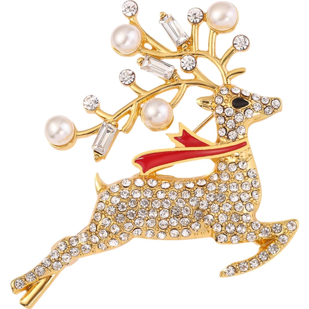 Casiler Gold Reindeer Brooch Pin Woman Christmas Rhinestone Elk-Shaped Brooch For Sweater Coat Evening Dress 1.57 * 1.77Inch