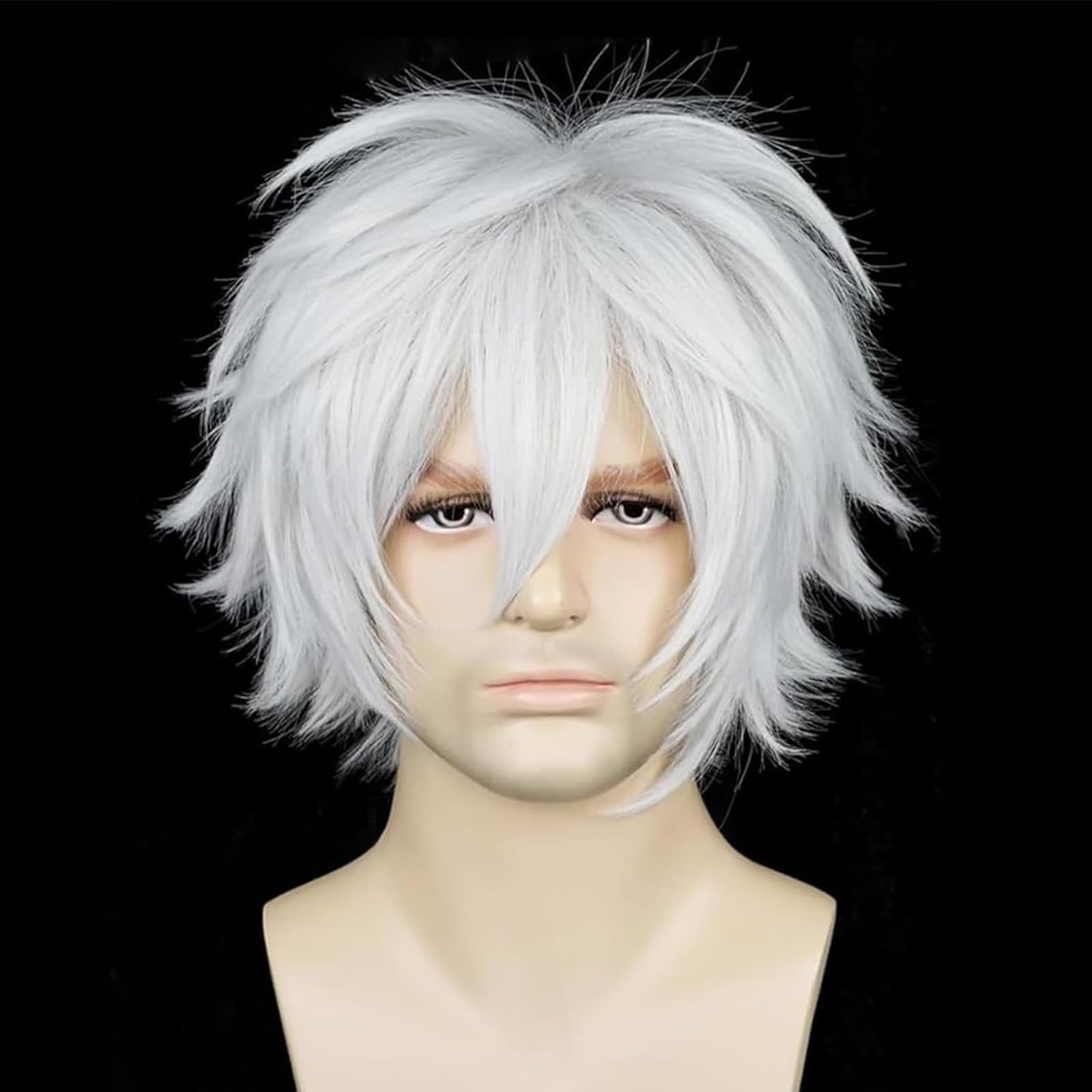 Alacos Women Men Short Fluffy Straight Hair Wig Silver White Wig Synthetic Heat Resistant with Wig Cap