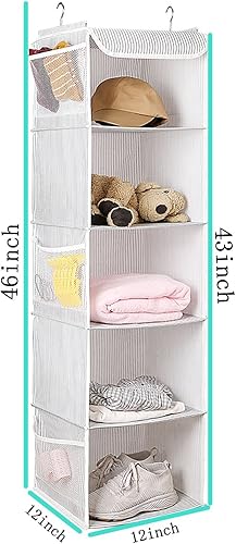 Miniatura 2 de BrilliantJo Organizador colgante de armario con 5 estantes, paquete de 2 almacenamiento colgante con 6 bolsillos laterales para ropa y zapatos, 43 x