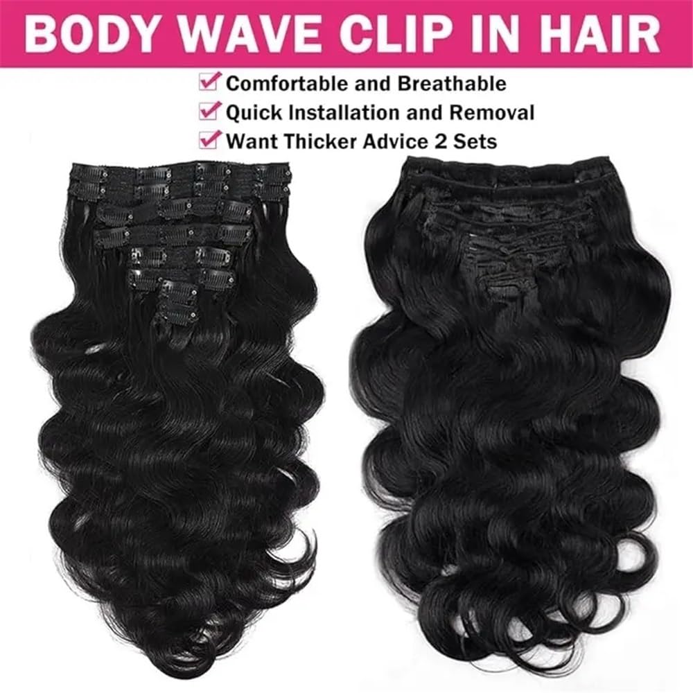 Dopinki do przedłużania włosów Body Wave Clip in, prawdziwe włosy, 120 g, podwójne pasmo, nr 1B, naturalna czerń, 25,4-66 cm, na całą głowę, miękkie (61 cm)