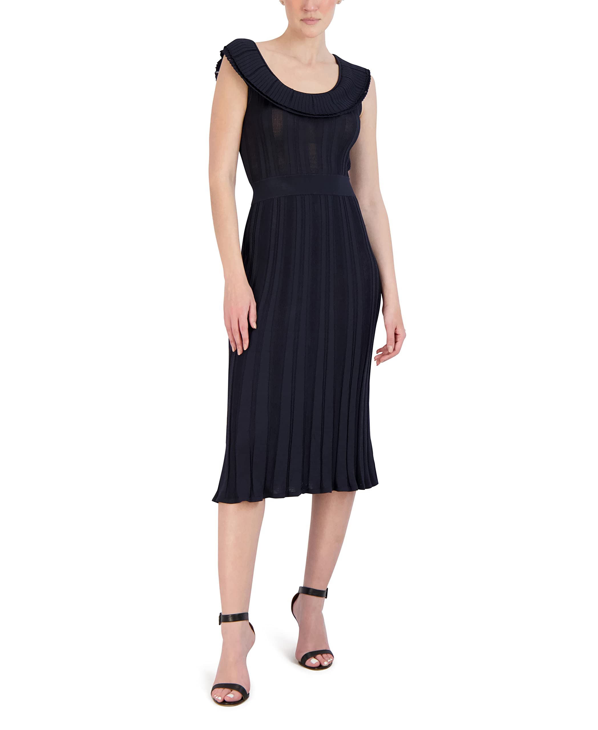 Womens Midi Dress Fit and Flare Ribbed Ruffle Hem Scoop Neck Dresses