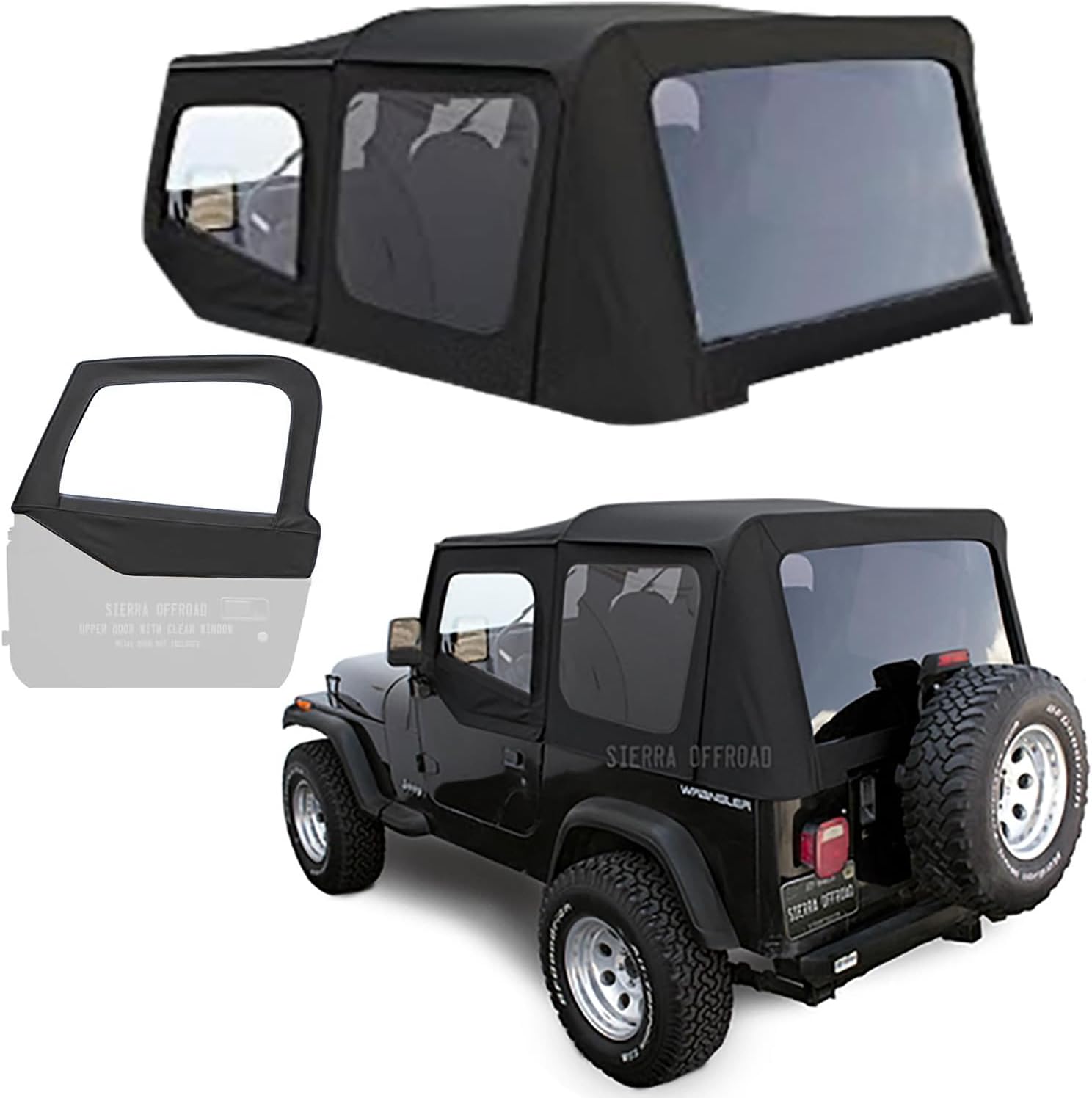 Sierra Offroad Soft Top for 1988 to 1995 Jeep Wrangler YJ - Black, Sailcloth Vinyl - 2 Door Jeep Soft Top with Rear Plastic Tinted Windows - Factory Precision Fit Replacement - With Upper Door Skins With Door Skins Black Sailcloth