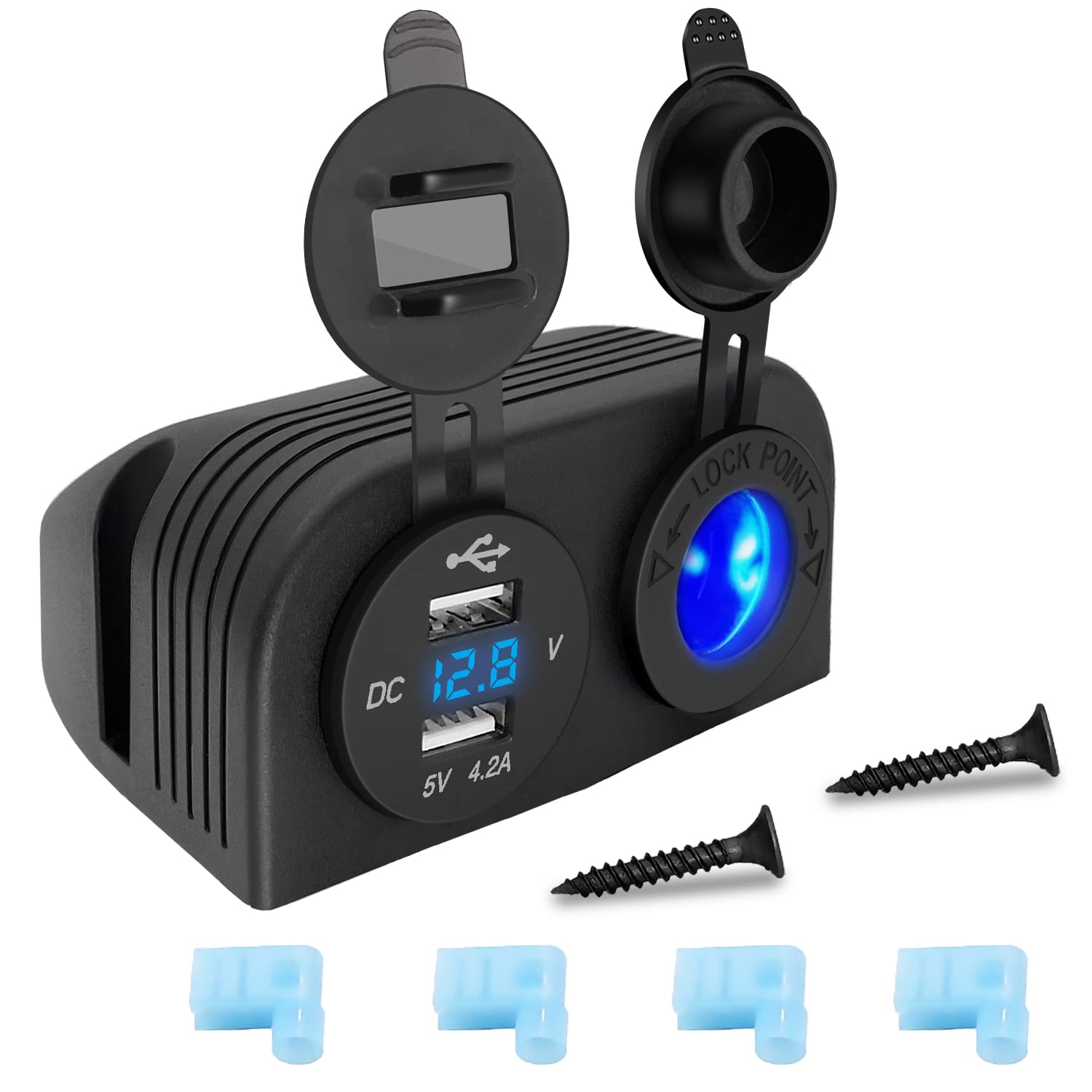 4.2A Dual USB Car Charger with LED Voltmeter,12V/24V Cigarette Lighter Socket Waterproof Two Hole Tent Panel for Cars Boats Marine Motorcycle ATV RV