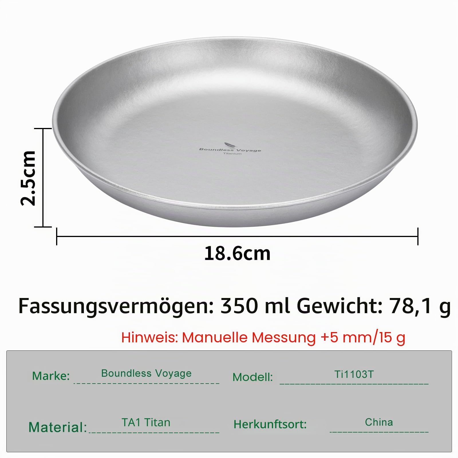 iBasingo Camping Titan Teller 18.5cm Servier Teller Party Ultraleichte Outdoor Picknick Metall Geschirr Langlebige Pfanne Kochgeschirr für Lebensmittel Fleisch Obst Sauce Dessert Ti1103T