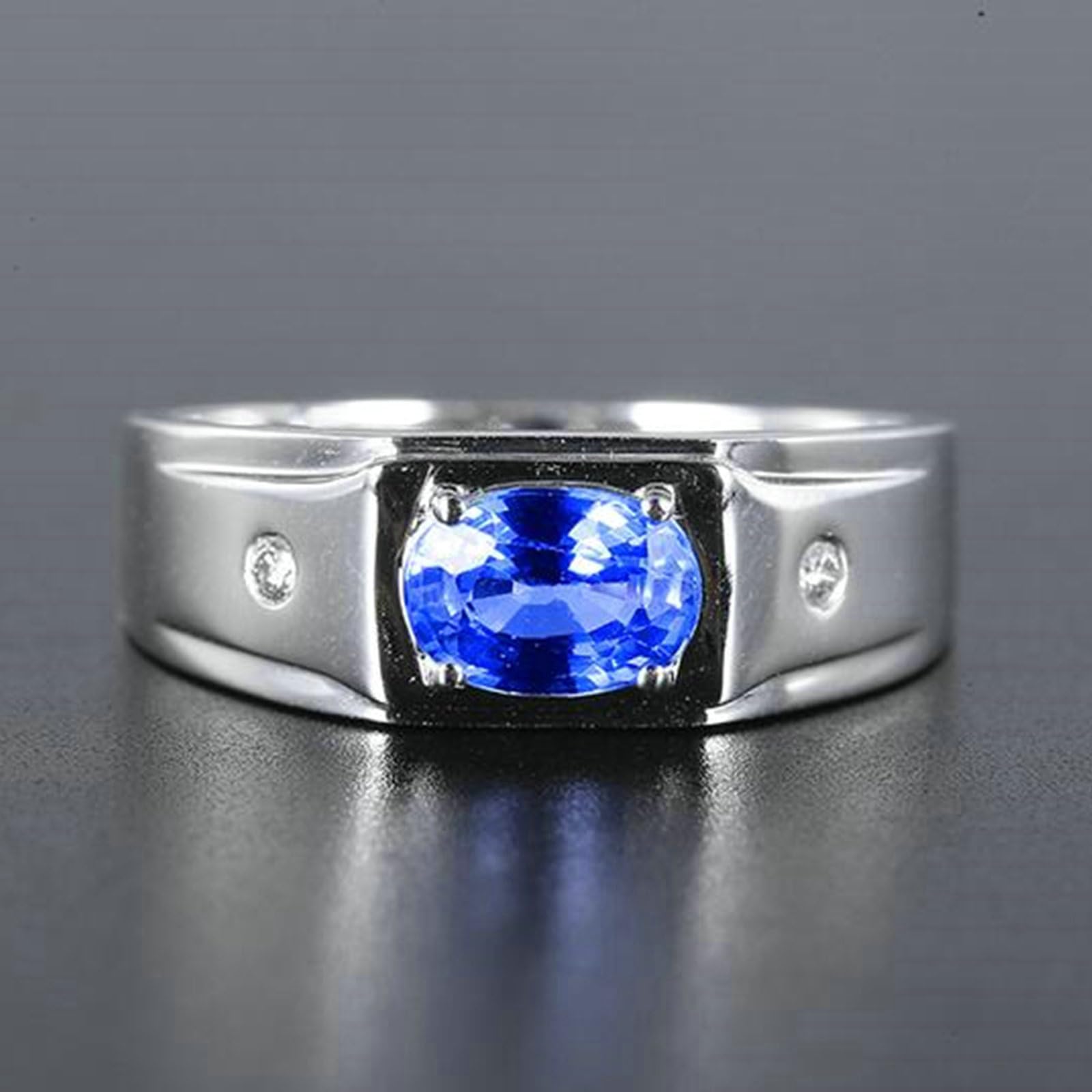 Pierścionki męskie ze srebra wysokiej próby 925, prosty owalny niebieski szafir 1,33 ct. Pierścionek ślubny i moissanit pierścionek dla chłopaka, pana młodego srebrny