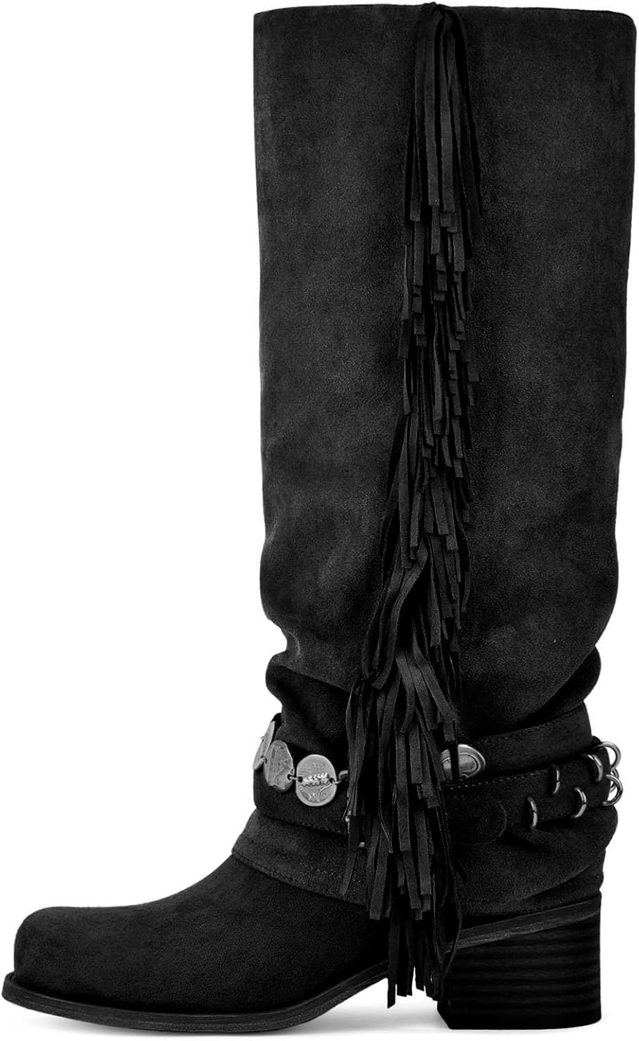 KISTANIA Women's Knee High Riding Boots with Fringes Buckle Straps Chunky Heel Square Toe Fold-Over - Image 2
