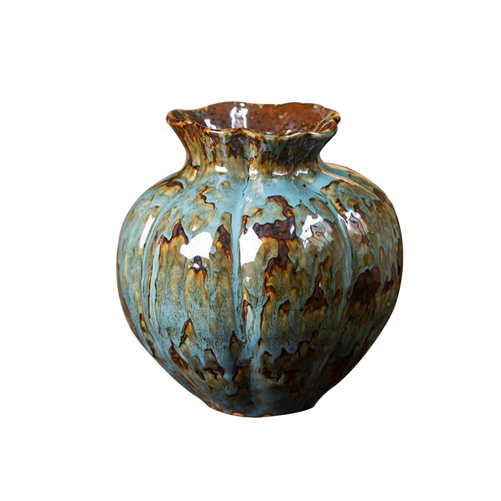 Nzzkoides Blue C Craft Ceramic Vase, Vintage Decorative Vase With Rusty Texture Design, Ornament For Farmhouse Decoration, Office Desk, Countertop, Floor(Size:21 * 21 * 22Cm,Color:blue C)