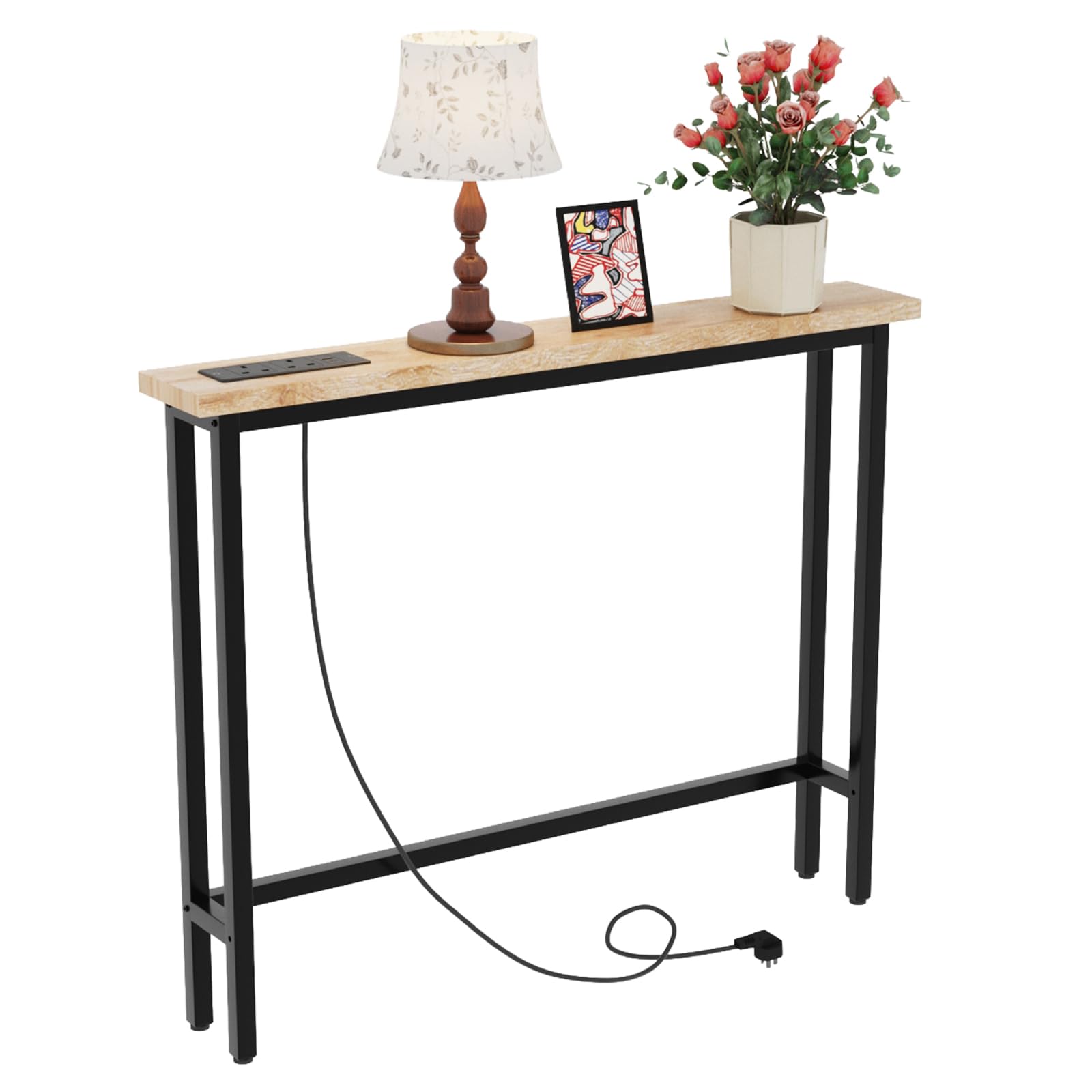 Bonnlo Console Table for Hallway Slim, Narrow Sofa table with Outlets, USB Ports and 150cm Power cord, Behind Couch Table with Charging Station, for Entryway, Corridor,100x15x79cm (Oak) โ image 1